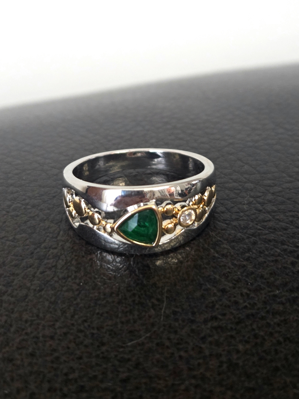 Sterling-Inspired Silver Ring with Green Teardrop Stone and Gold Accents